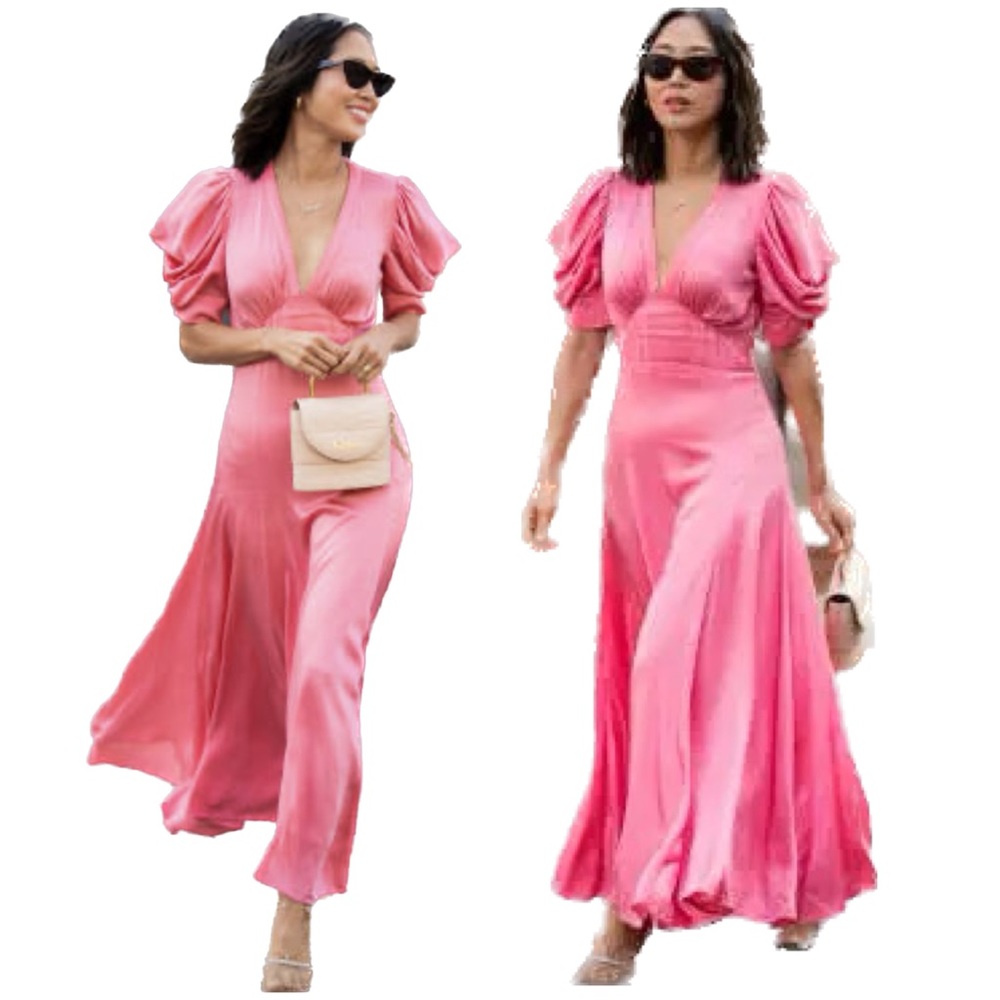 IN VOGUE! Puff-Sleeve MICHAEL KORS COLLECTION * $2290 Runway PINK Satin Dress 8 - Picture 3 of 13